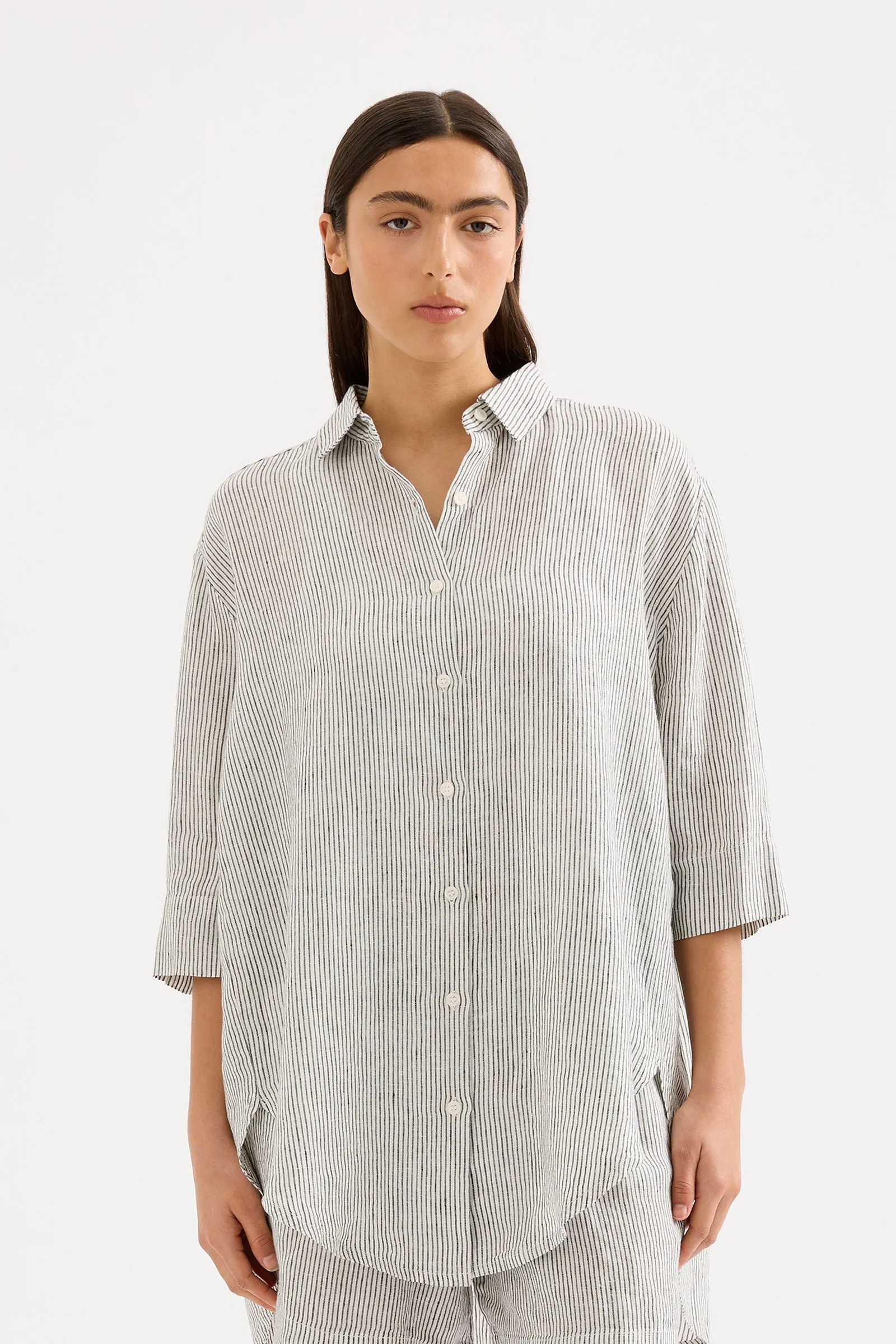 LOUNGE STRIPE LINEN LONGLINE SHIRT sold by Nude Lucy