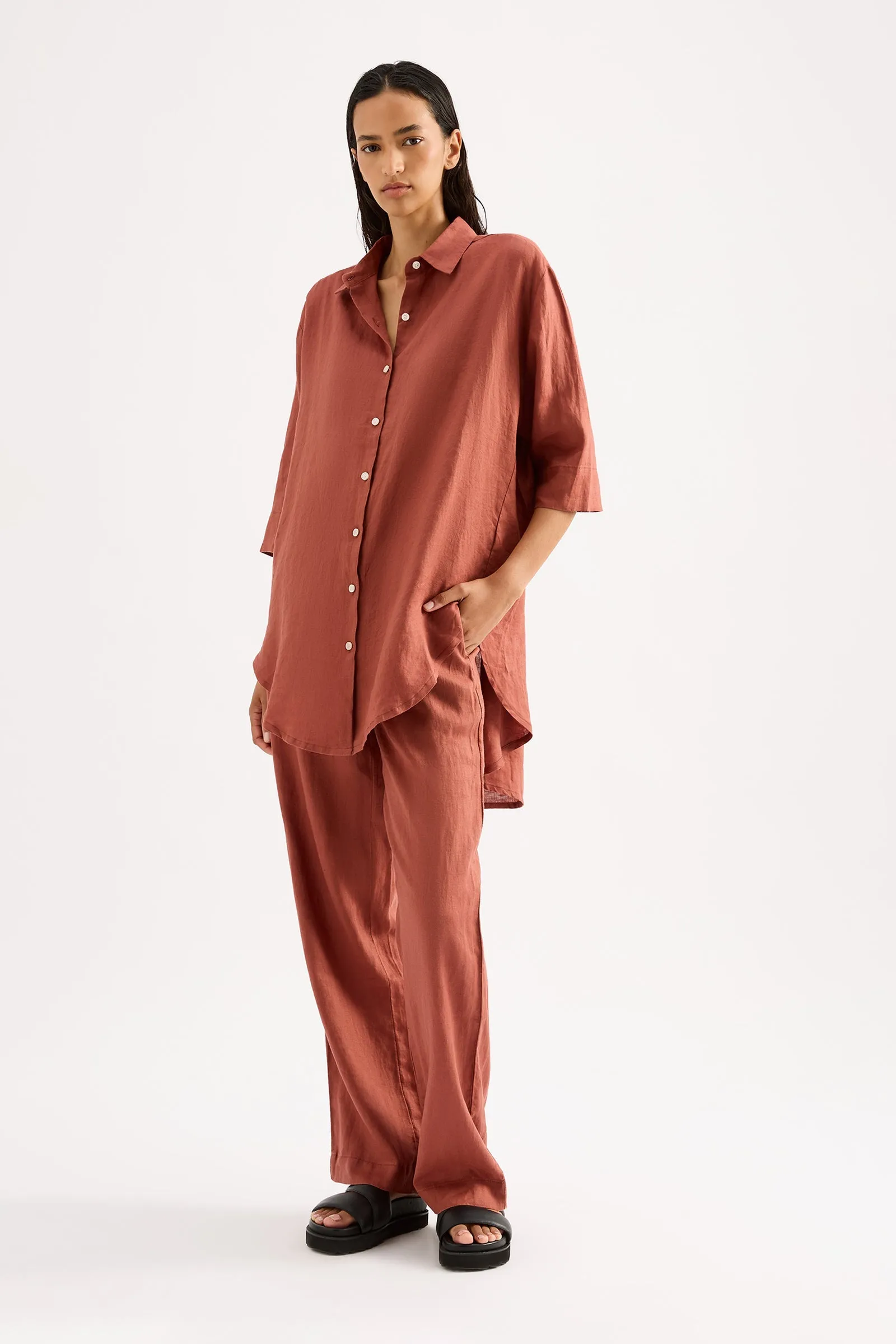 LOUNGE LINEN LONGLINE SHIRT sold by Nude Lucy