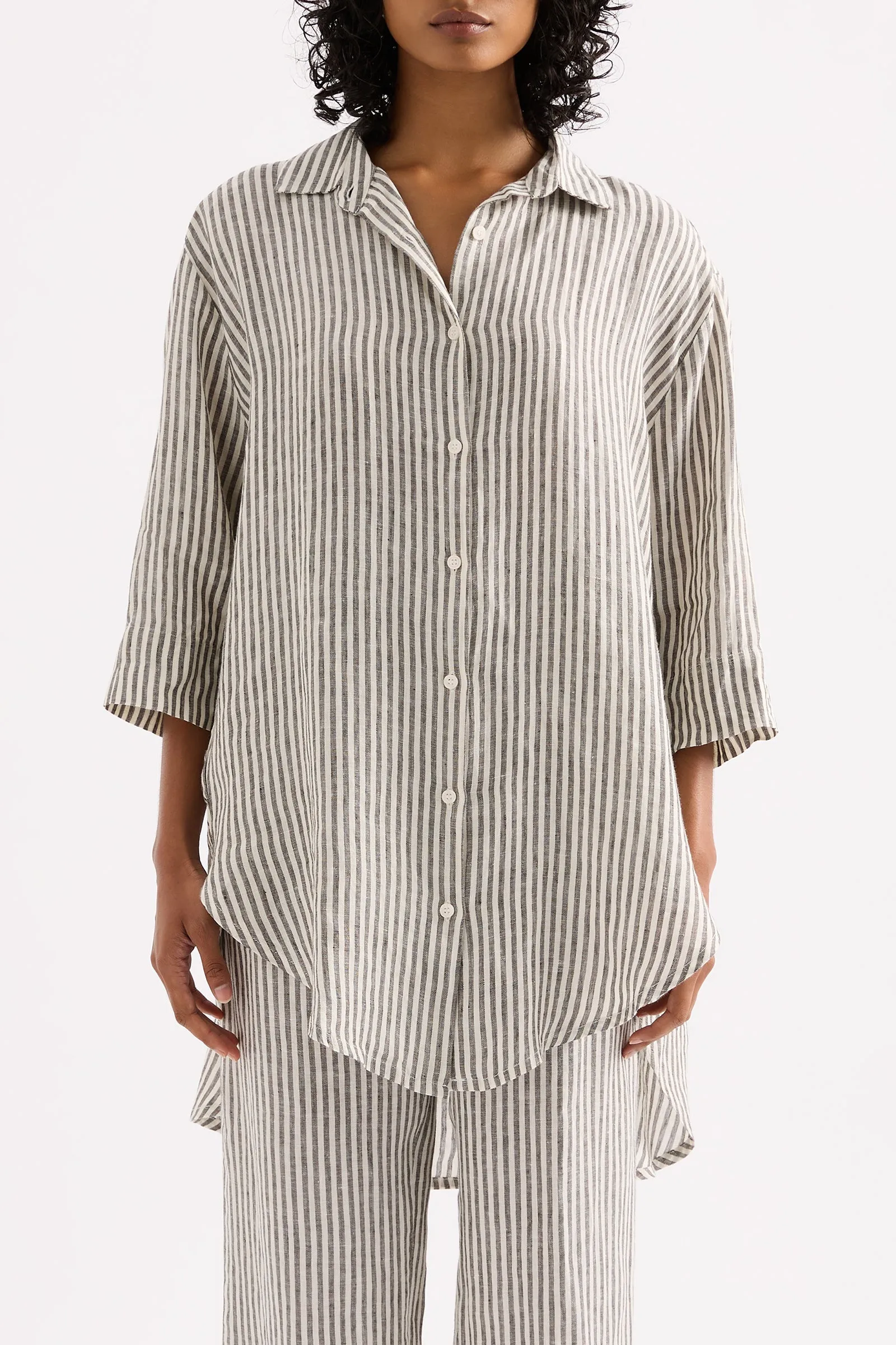 LOUNGE STRIPE LINEN LONGLINE SHIRT sold by Nude Lucy product image thumbnail 2