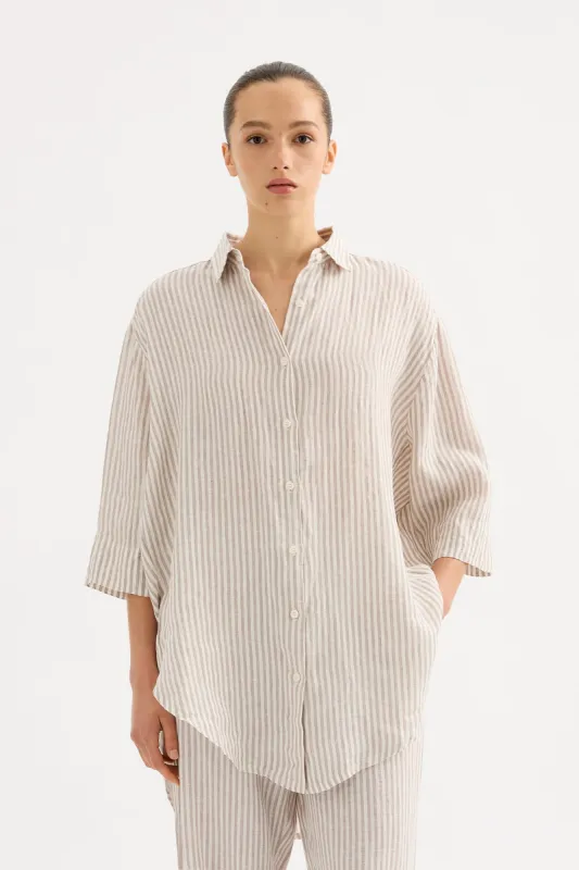 LOUNGE STRIPE LINEN LONGLINE SHIRT sold by Nude Lucy