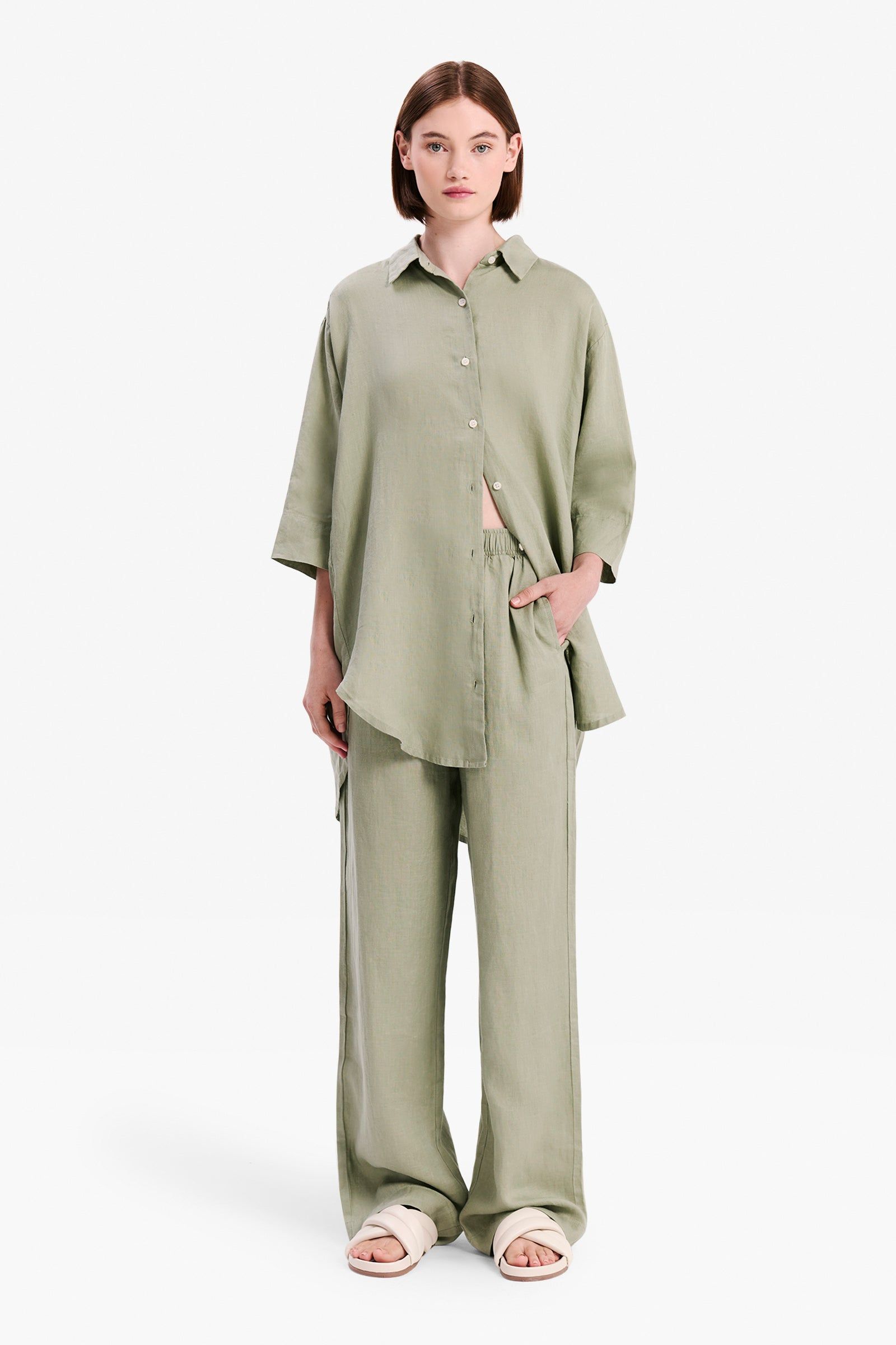 LOUNGE LINEN LONGLINE SHIRT & PANT SET sold by Nude Lucy