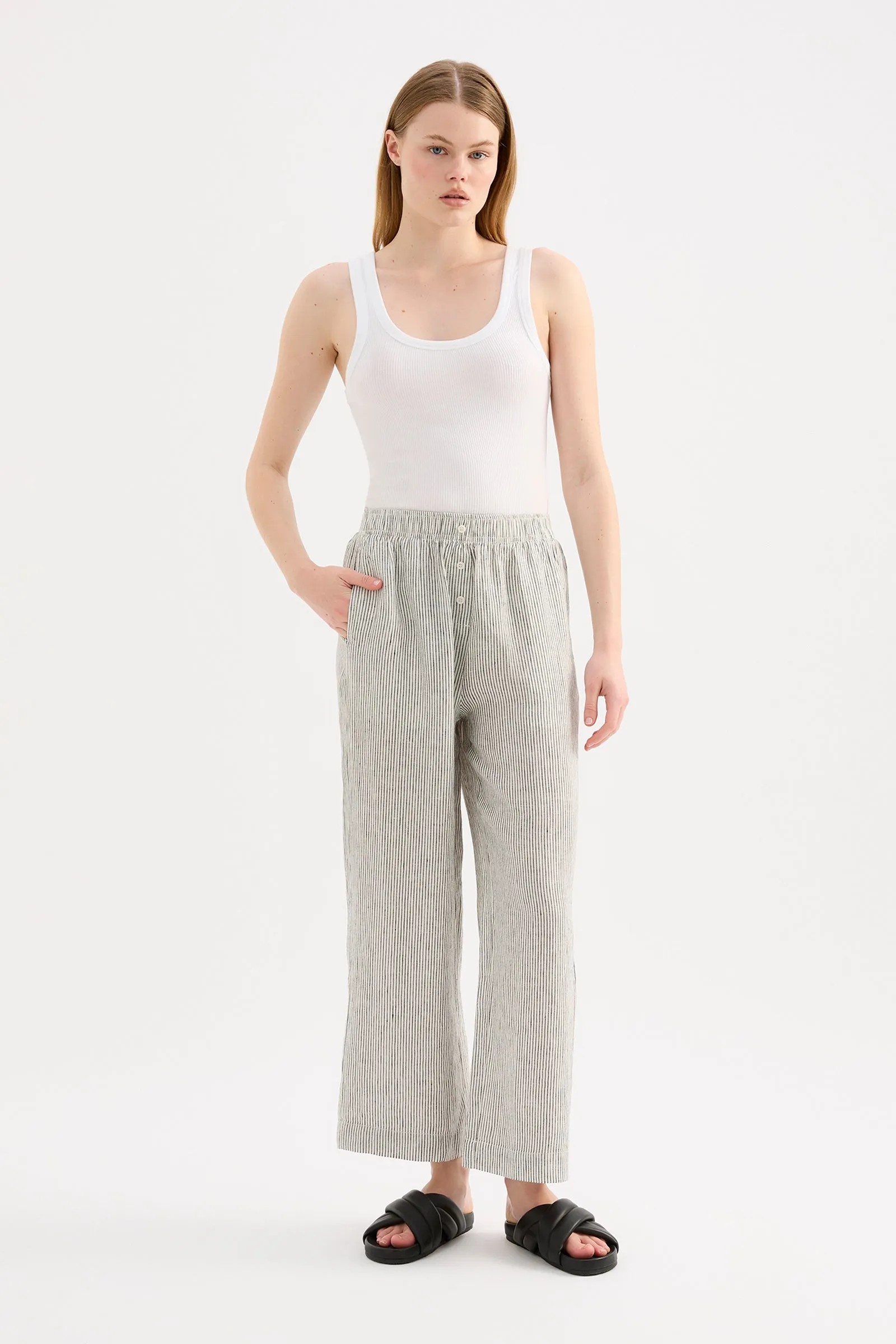 LOUNGE STRIPE LINEN CROP PANT sold by Nude Lucy