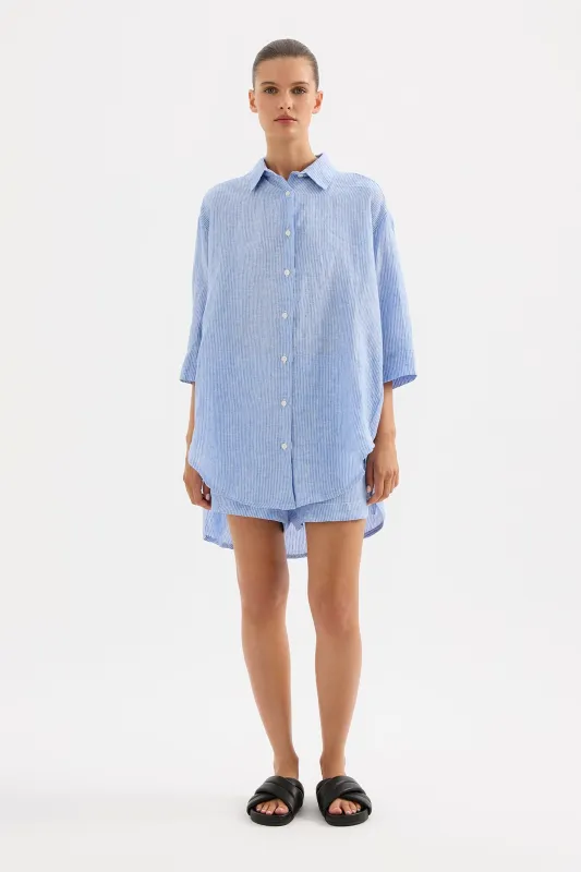 LOUNGE STRIPE LINEN LONG SHIRT sold by Nude Lucy