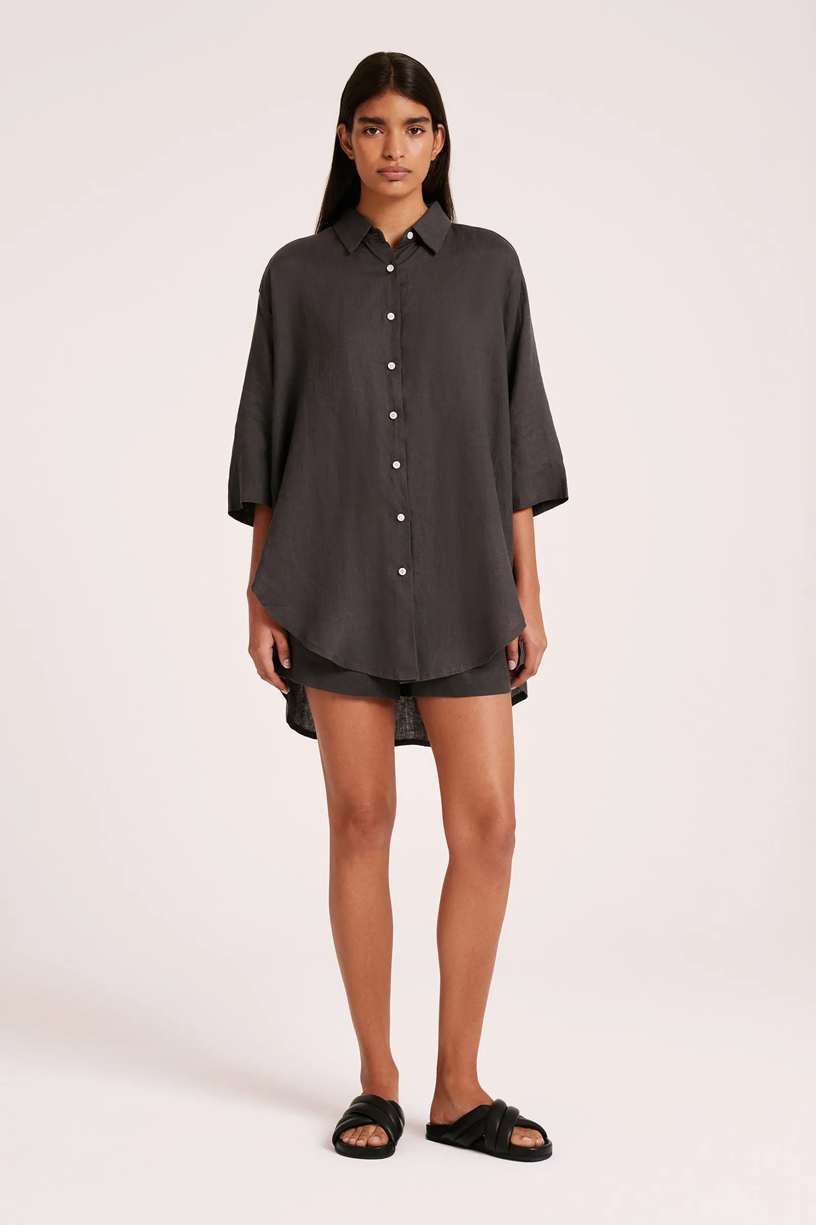 LOUNGE LINEN LONGLINE SHIRT sold by Nude Lucy
