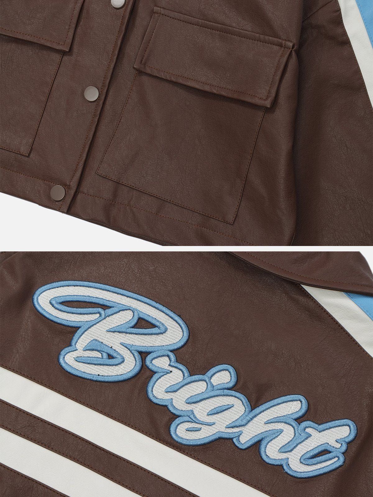 Embroidery Letter Stripe Faux Leather Jacket sold by Aelfric Eden product image thumbnail 4