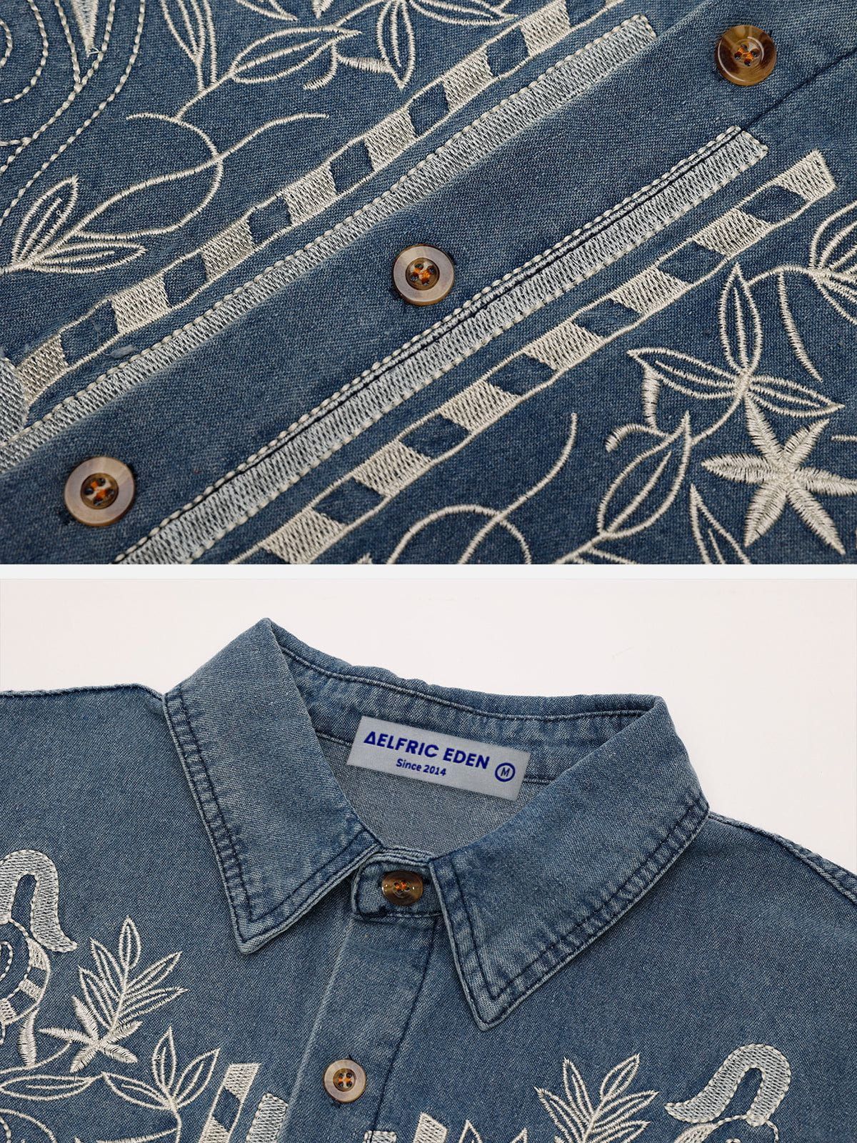 Aelfric Eden Embroidery Blossom Denim Short Sleeve Shirts sold by Aelfric Eden product image thumbnail 4