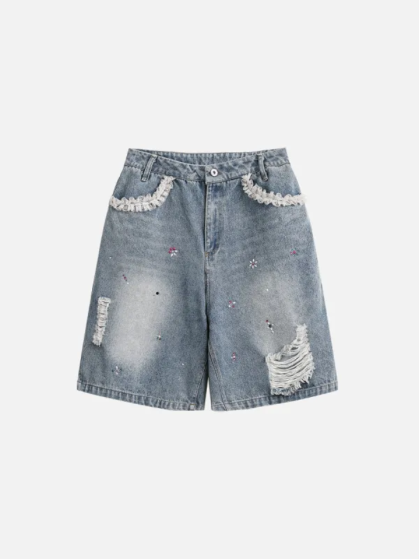 Aelfric Eden Lace Patchwork Distressed Jorts sold by Aelfric Eden