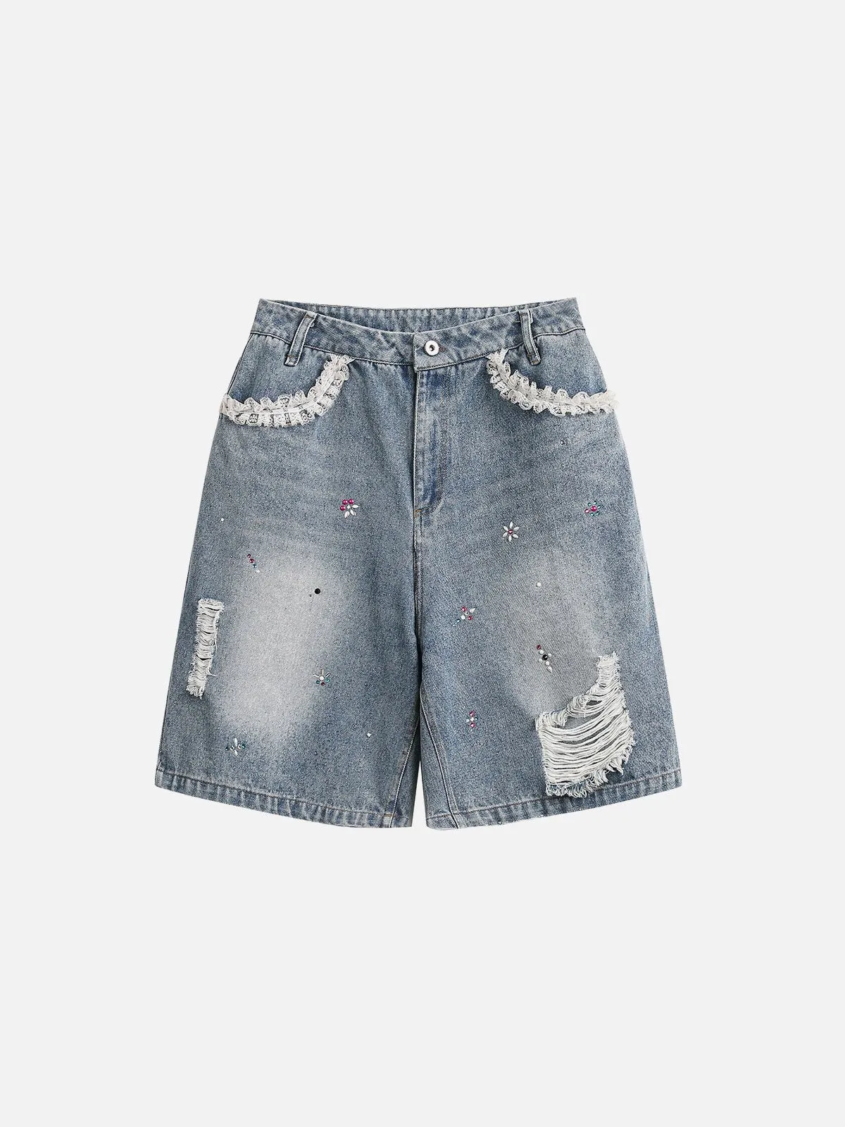 Aelfric Eden Lace Patchwork Distressed Jorts sold by Aelfric Eden