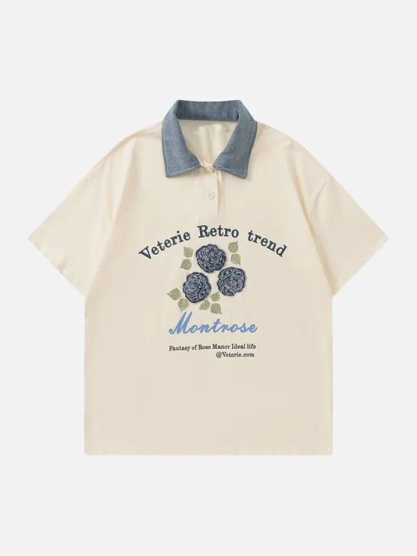 Aelfric Eden Patchwork Denim Flower Polo Tee sold by Aelfric Eden