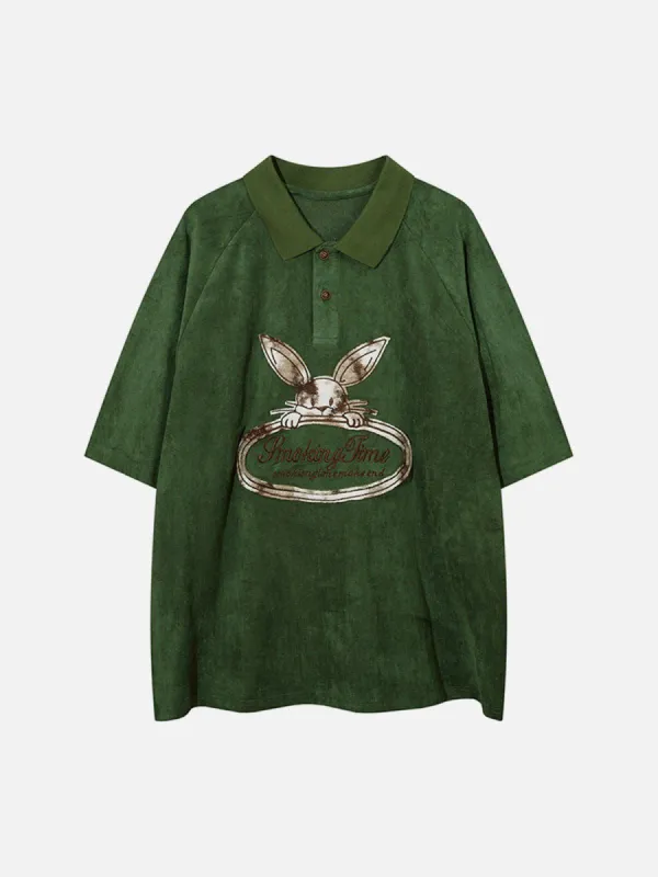 Aelfric Eden Embroidery Rabbit Washed Suede Polo Tee sold by Aelfric Eden