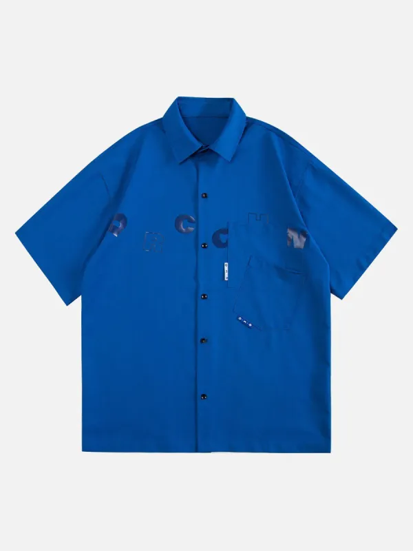 Aelfric Eden Double Pocket Klein Blue Letter Print Short Sleeve Shirts sold by Aelfric Eden
