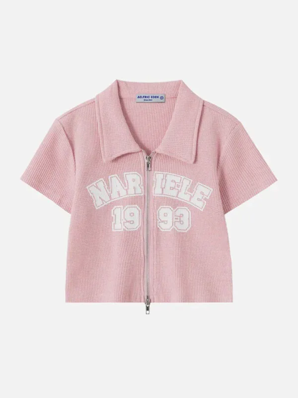 Letter Print Waffle Zipper Polo Tee sold by Aelfric Eden