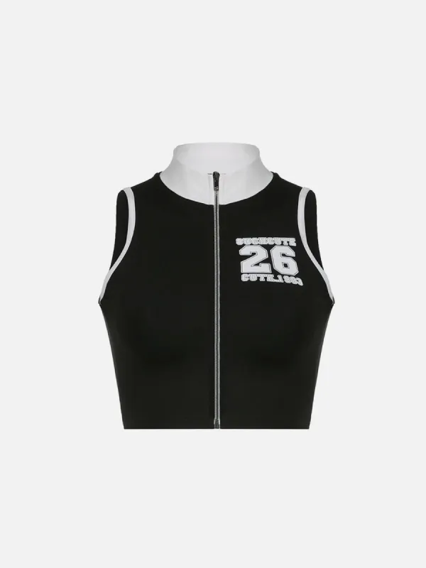 Racing Number Print Stand Collar Zip Tank Top sold by Aelfric Eden