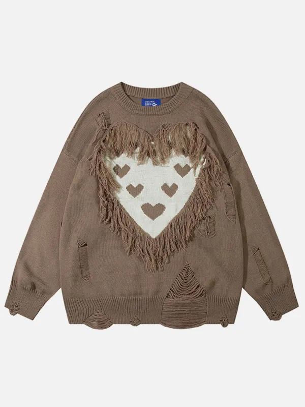 Aelfric Eden Heart Jacquard Distressed Tassel Sweater sold by Aelfric Eden