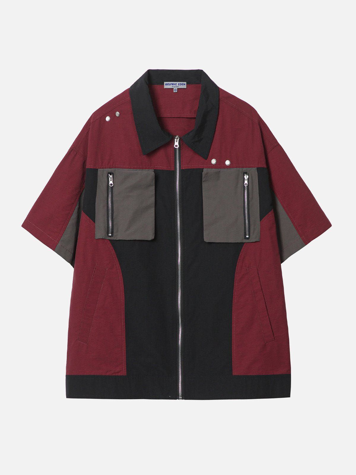 Functional Contrast Zipper Pockets Short Sleeve Shirts sold by Aelfric Eden