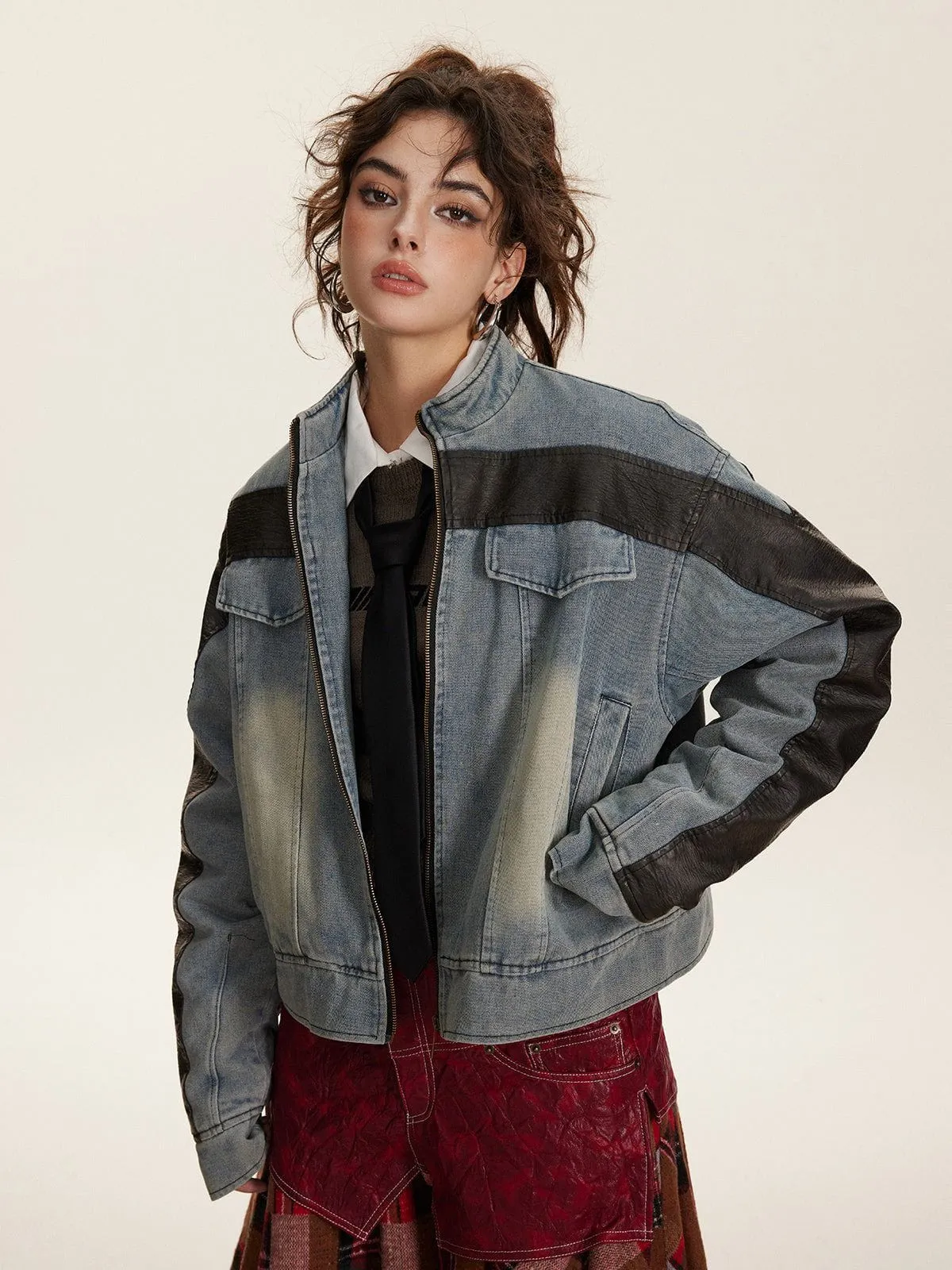 Aelfric Eden Faux Leather Patchwork Denim Racing Jacket sold by Aelfric Eden product image thumbnail 2