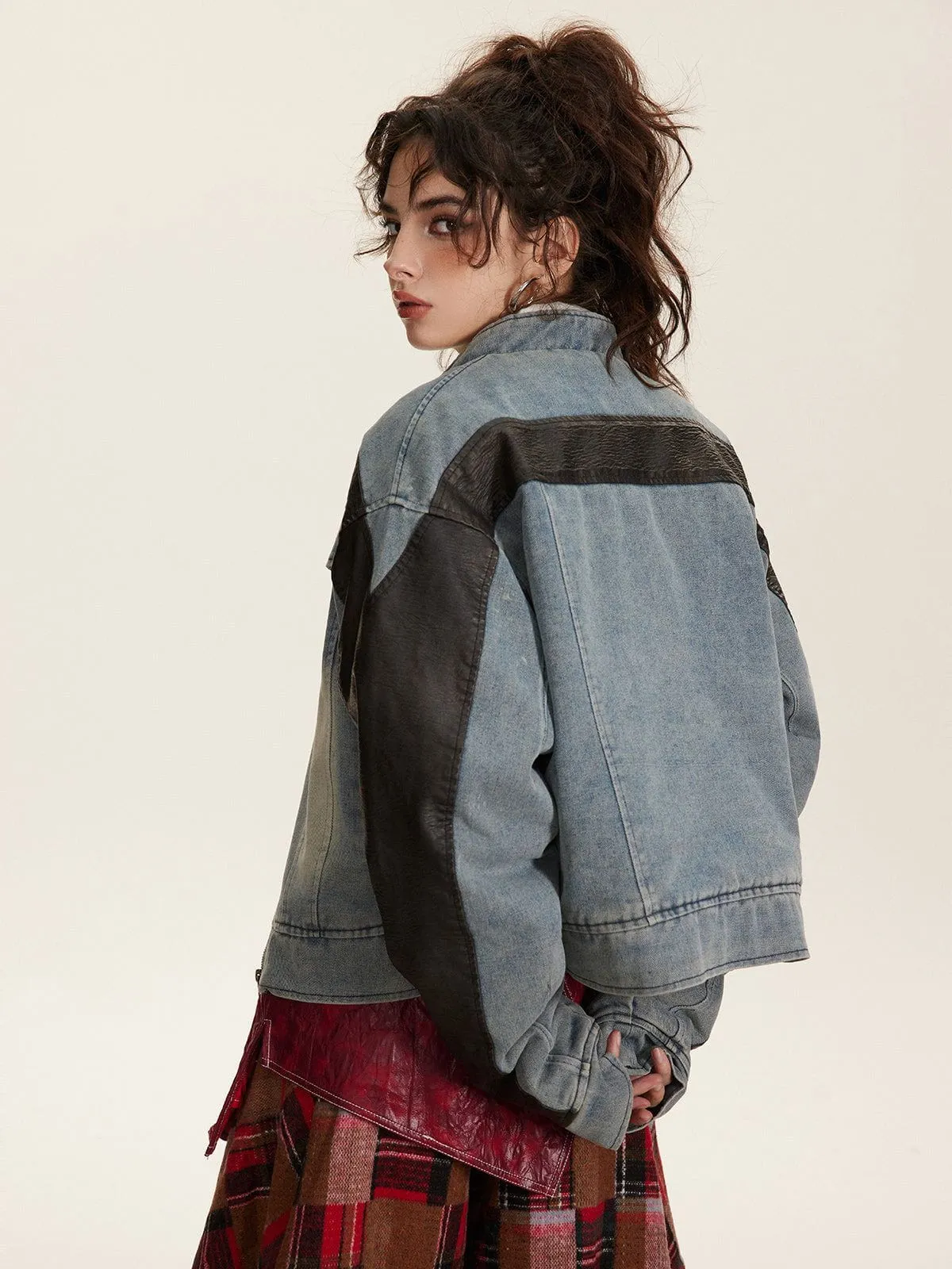 Aelfric Eden Faux Leather Patchwork Denim Racing Jacket sold by Aelfric Eden product image thumbnail 3