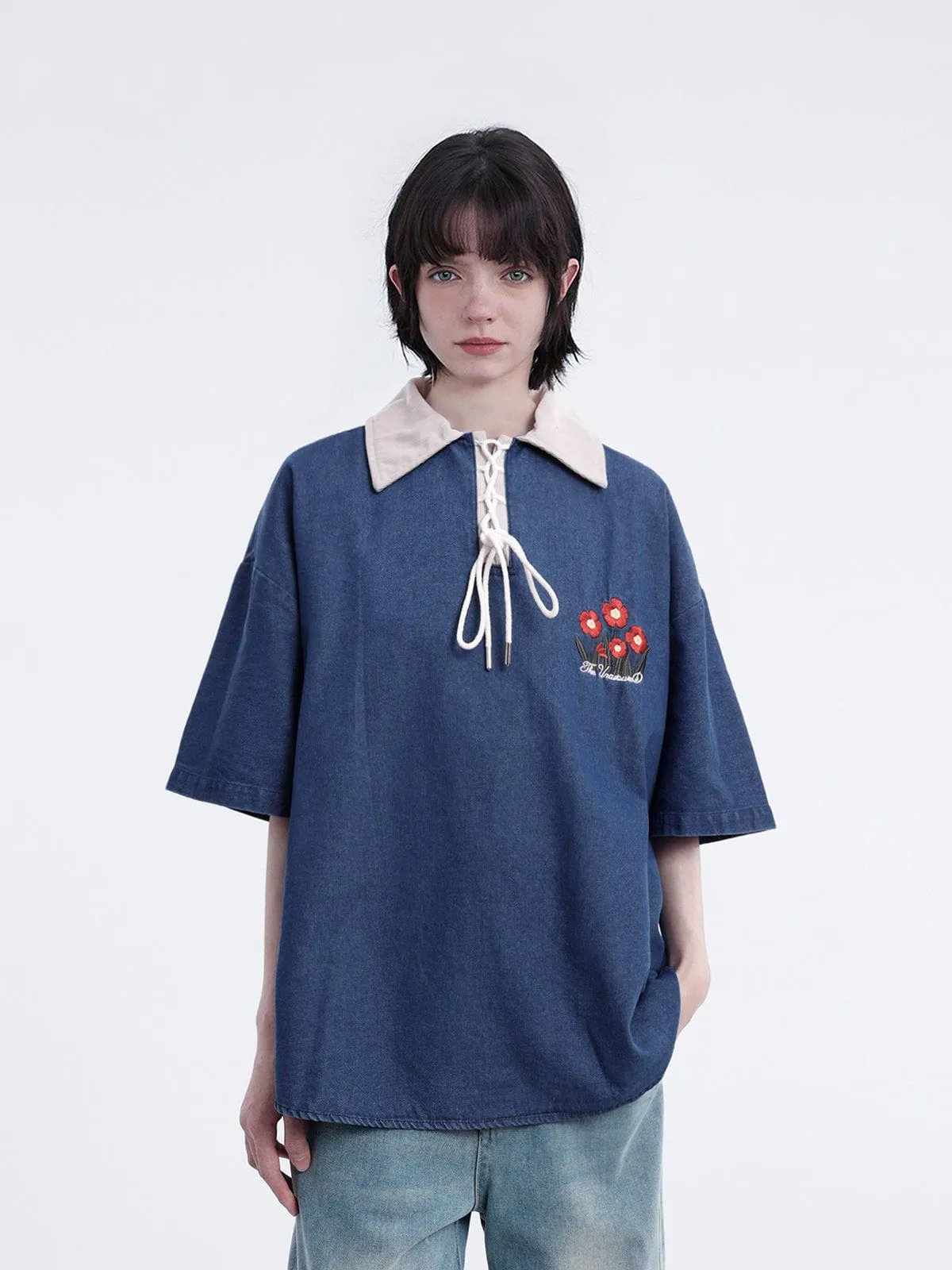 Aelfric Eden Floral Embroidery Denim Polo Tee sold by Aelfric Eden product image thumbnail 2