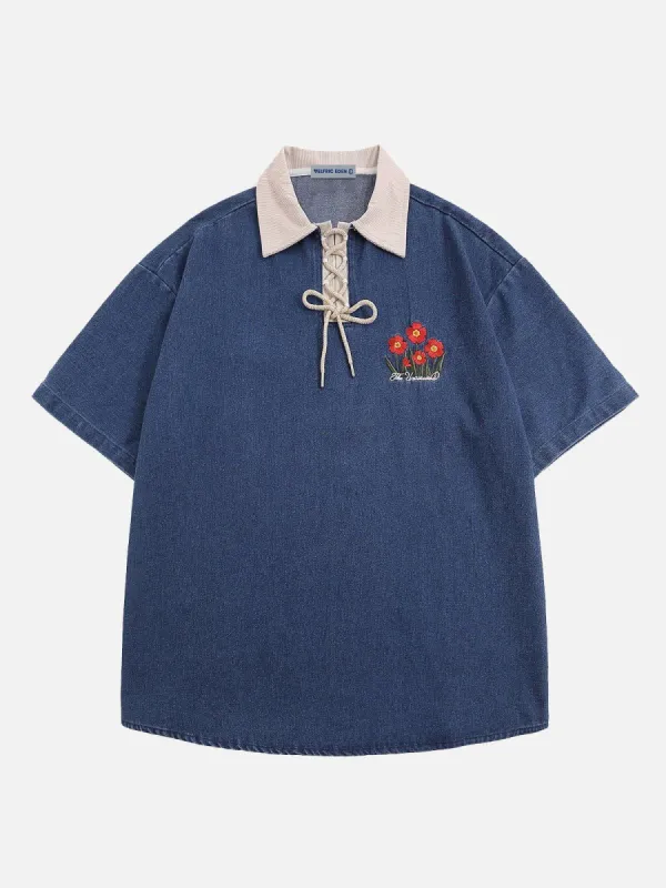 Aelfric Eden Floral Embroidery Denim Polo Tee sold by Aelfric Eden
