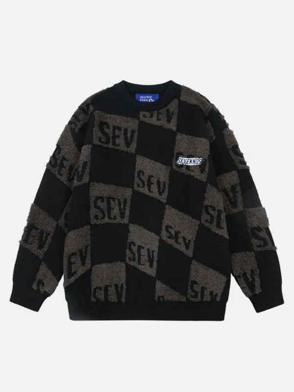 Flocked Plaid Letter Sweater sold by Aelfric Eden