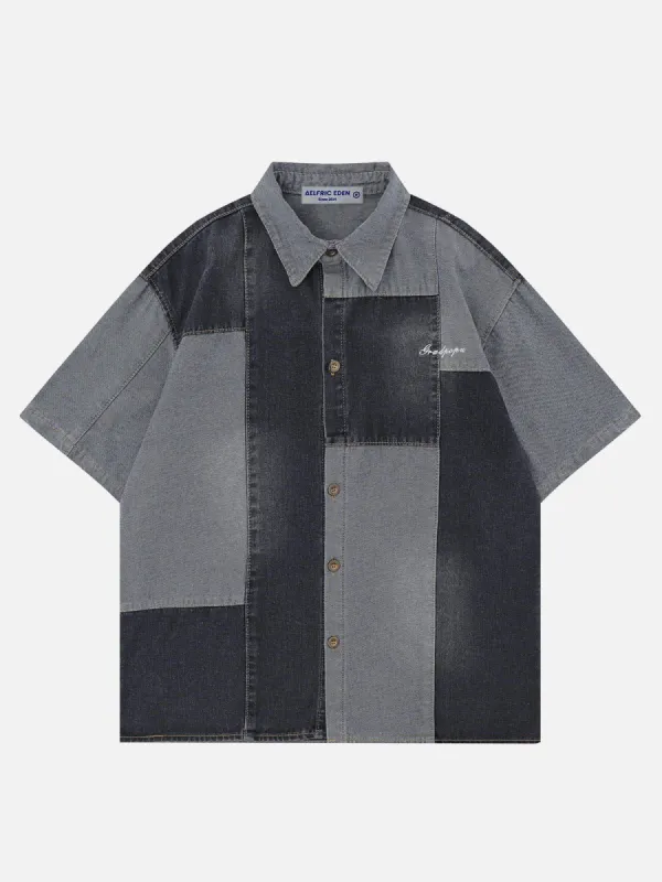 Aelfric Eden Patchwork Denim Short Sleeve Shirt sold by Aelfric Eden