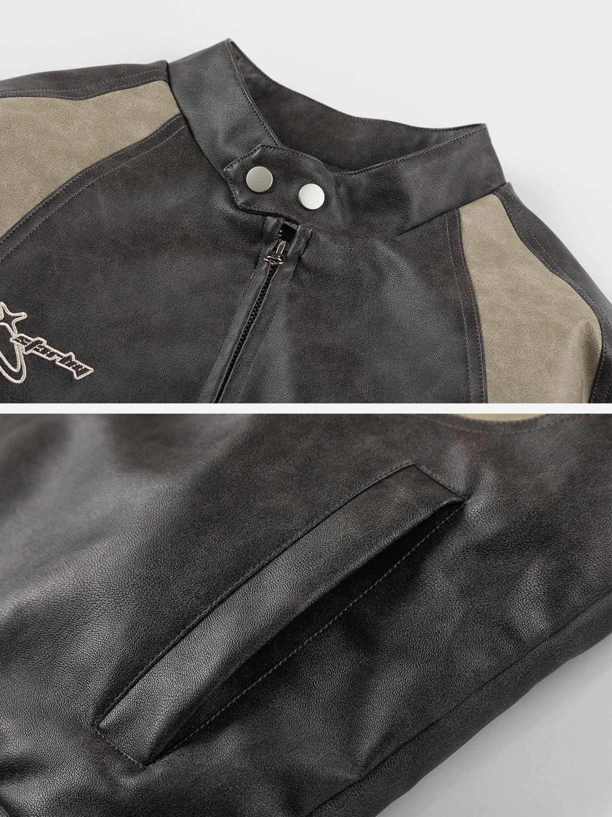 Aelfric Eden Color Blocking Embroidery Leather Jacket sold by Aelfric Eden product image thumbnail 3