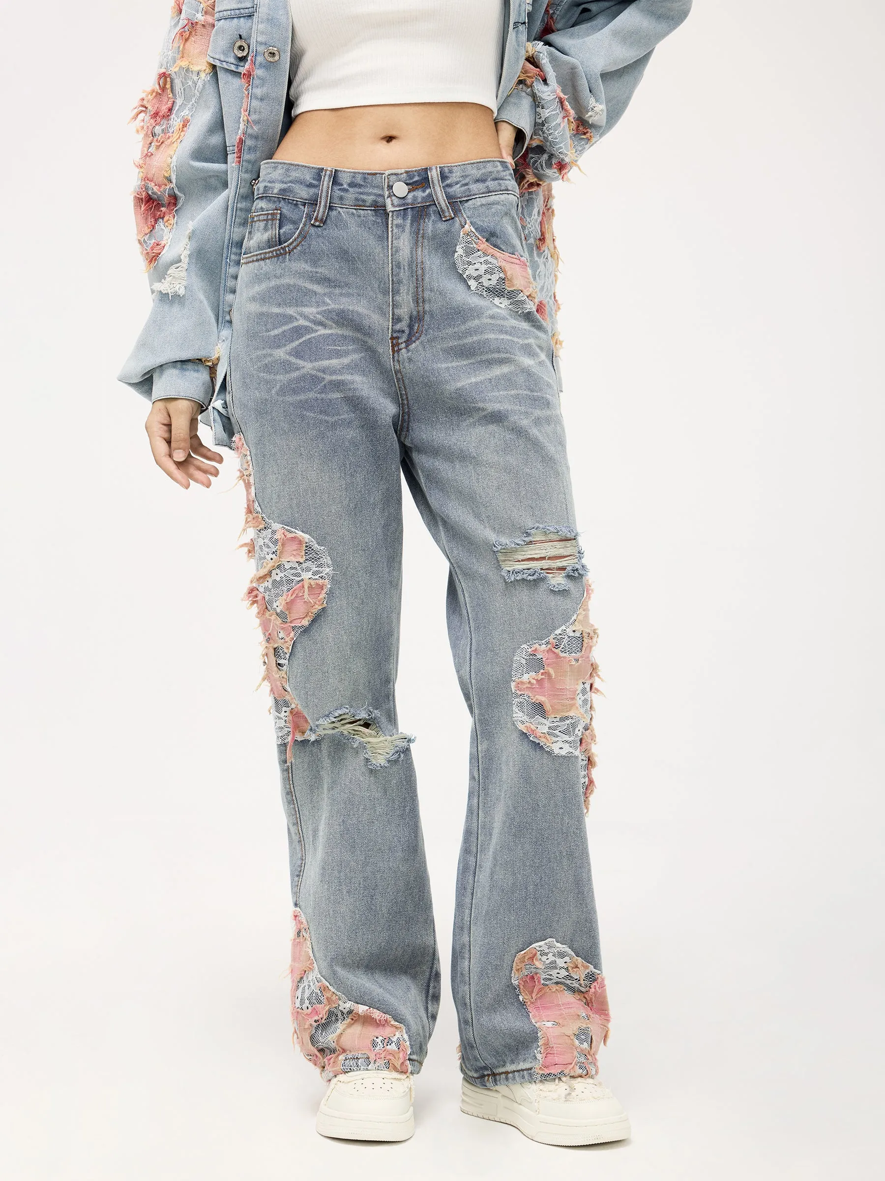 Aelfric Eden Distressed Lace Patchwork Jeans sold by Aelfric Eden product image thumbnail 3