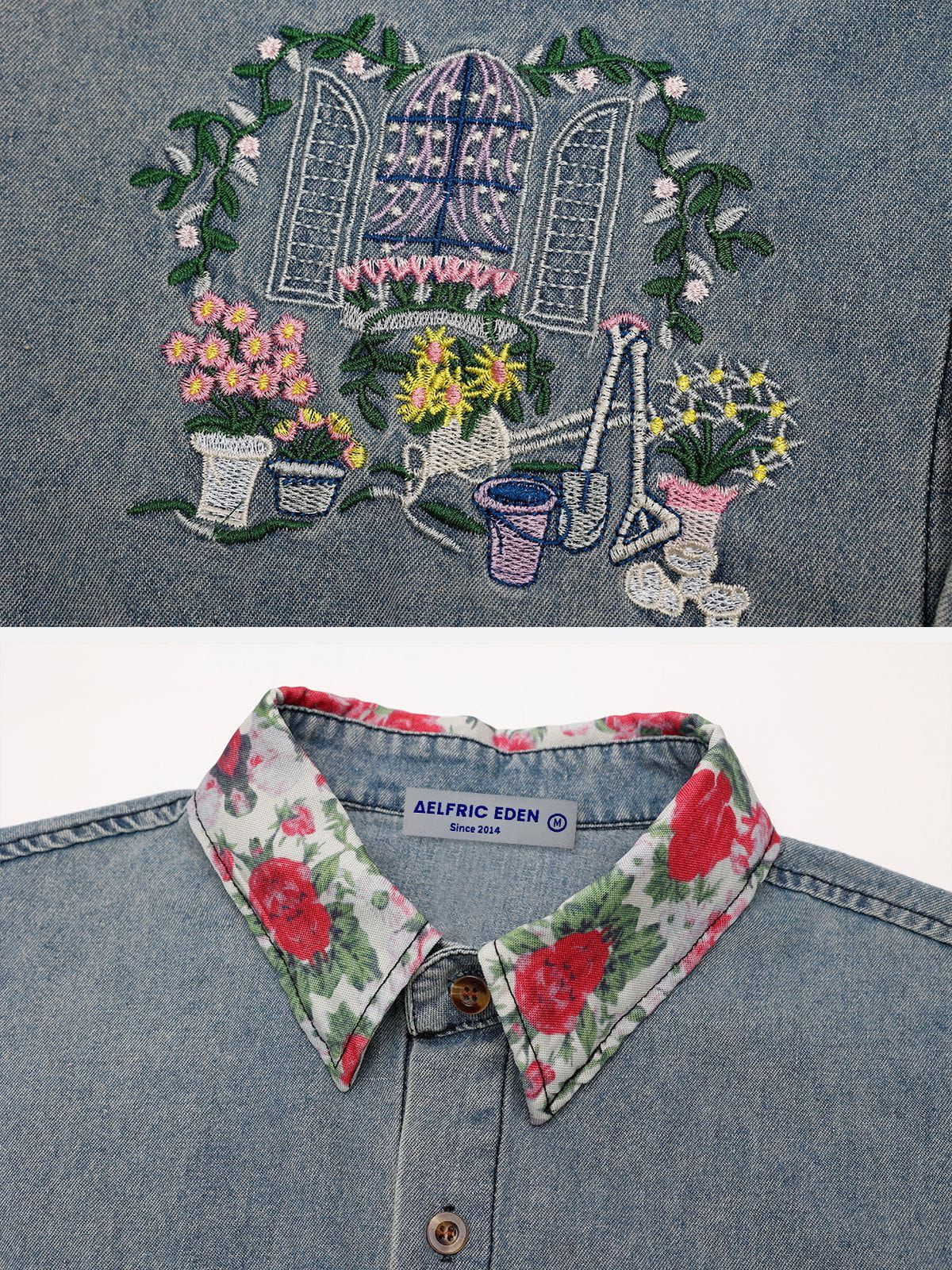 Embroidery Blossom Print Rose Collar Short Sleeve Shirts sold by Aelfric Eden product image thumbnail 3