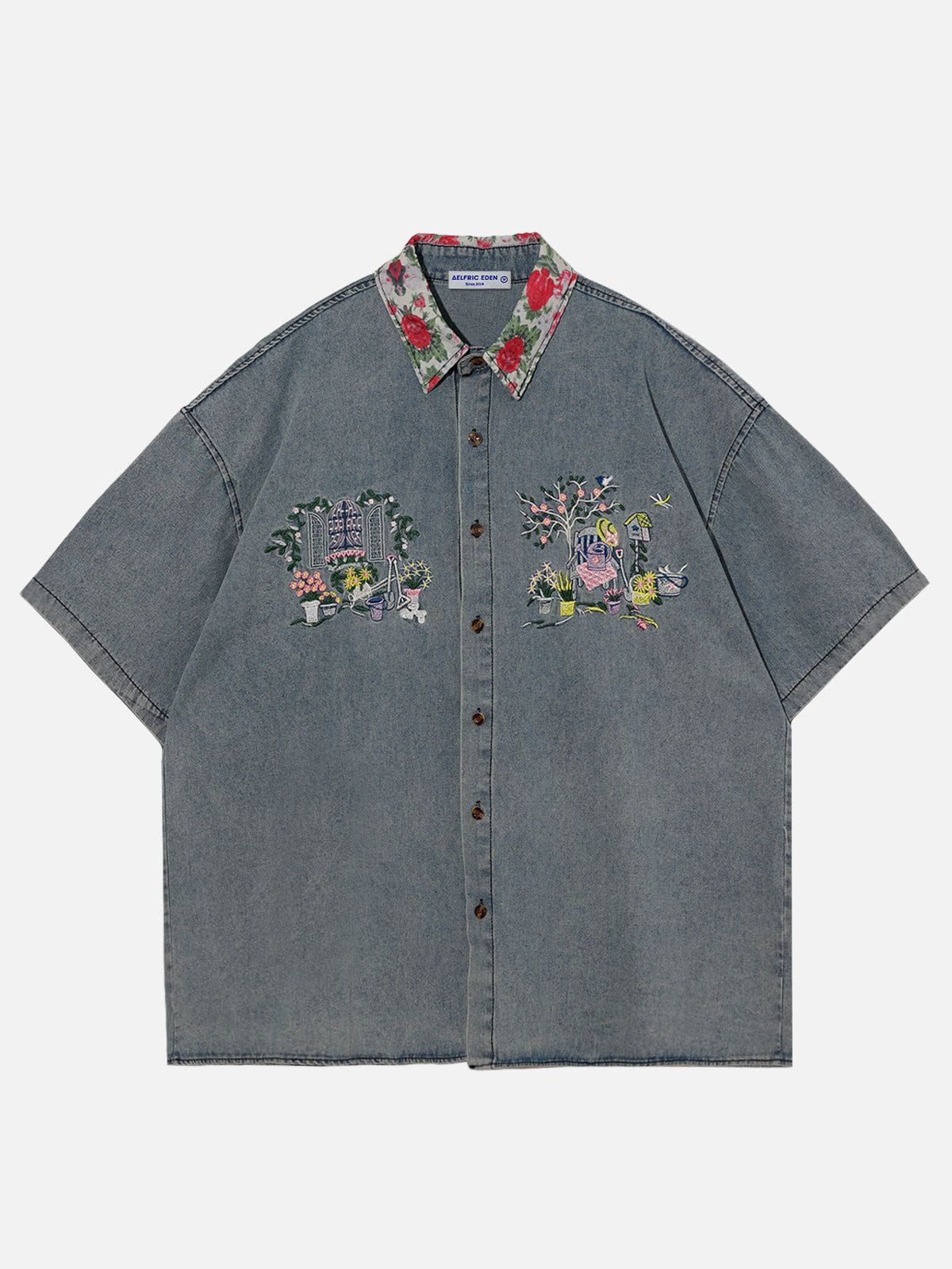 Embroidery Blossom Print Rose Collar Short Sleeve Shirts sold by Aelfric Eden