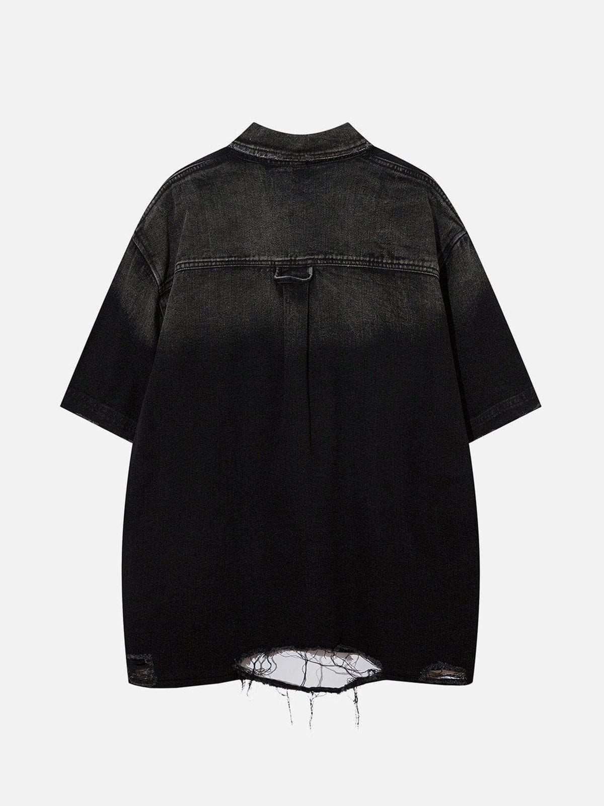 Aelfric Eden Denim Distressed Ripped Hem Short Sleeve Shirts sold by Aelfric Eden product image thumbnail 3