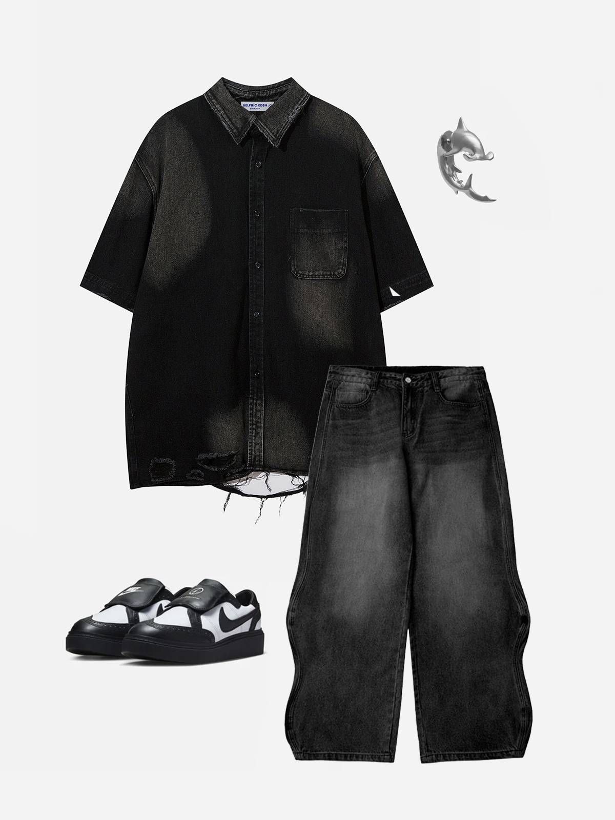 Aelfric Eden Denim Distressed Ripped Hem Short Sleeve Shirts sold by Aelfric Eden product image thumbnail 2