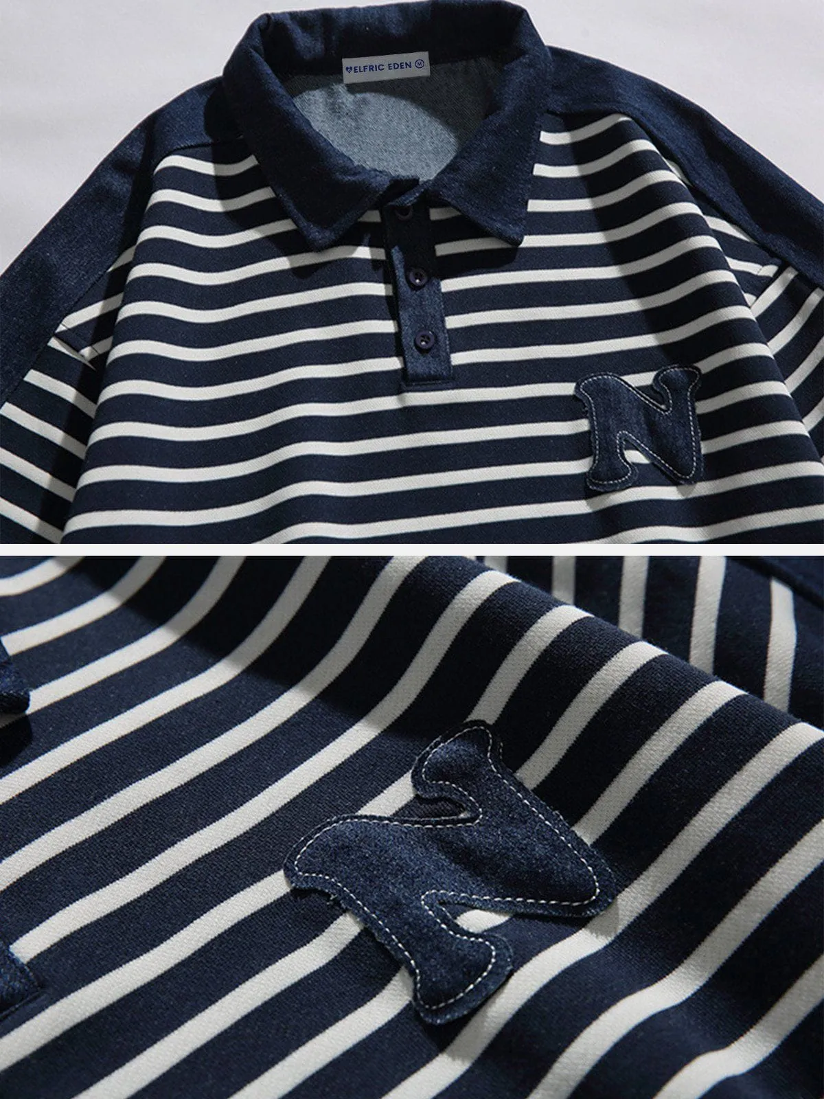 Aelfric Eden Stripe Denim Patchwork Polo Sweatshirt sold by Aelfric Eden product image thumbnail 4
