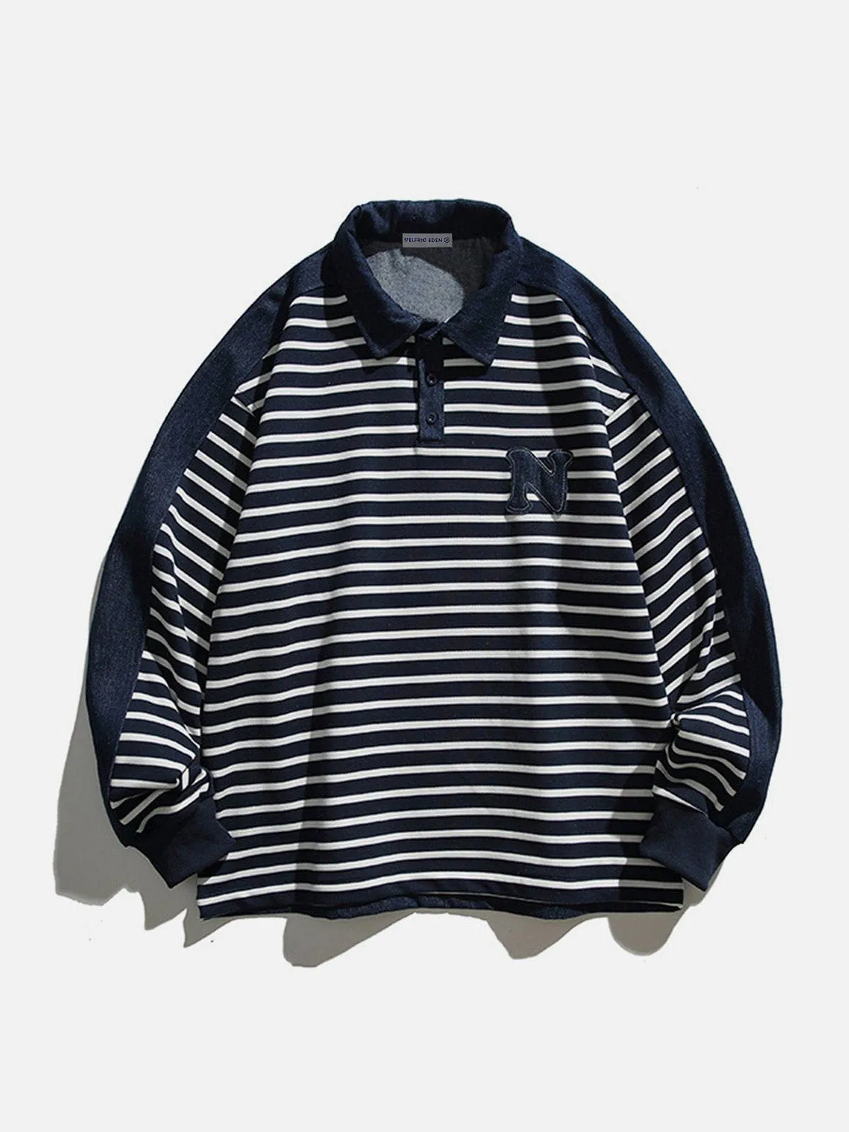 Aelfric Eden Stripe Denim Patchwork Polo Sweatshirt sold by Aelfric Eden