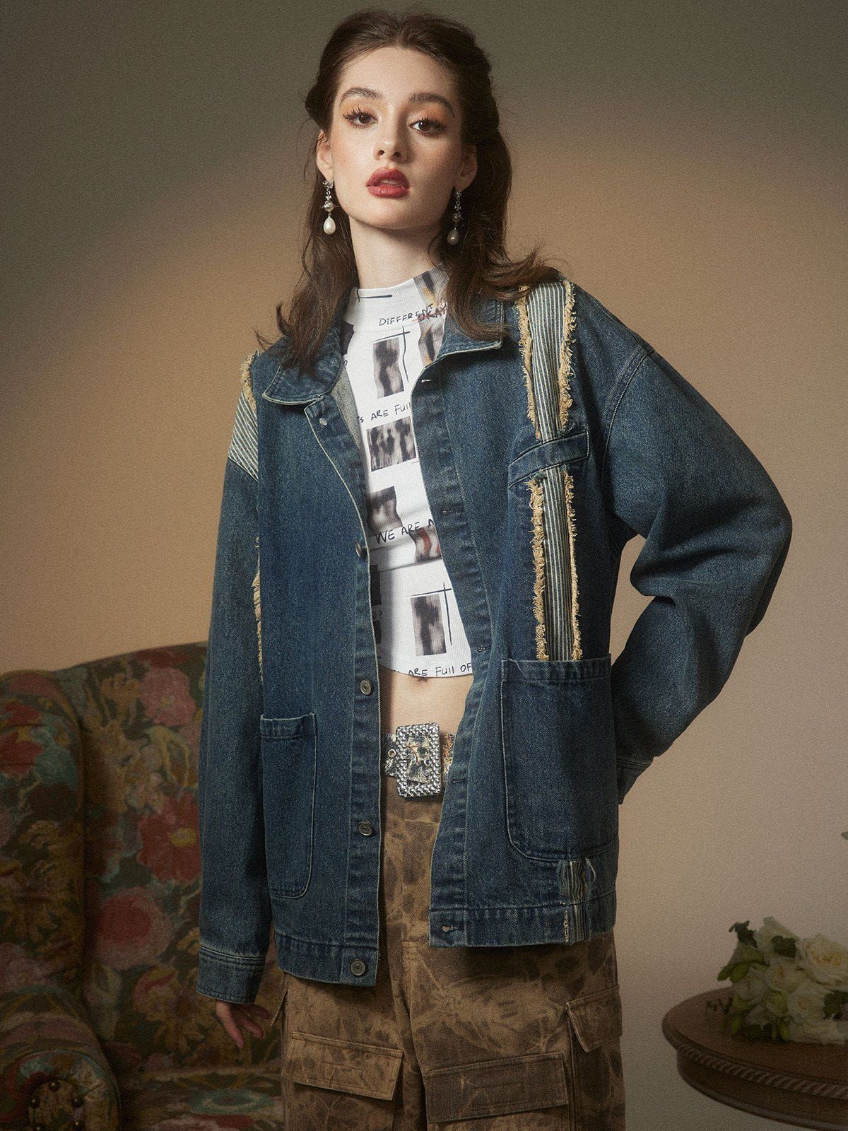 Aelfric Eden Irregular Stripe Fringe Denim Jacket sold by Aelfric Eden product image thumbnail 2