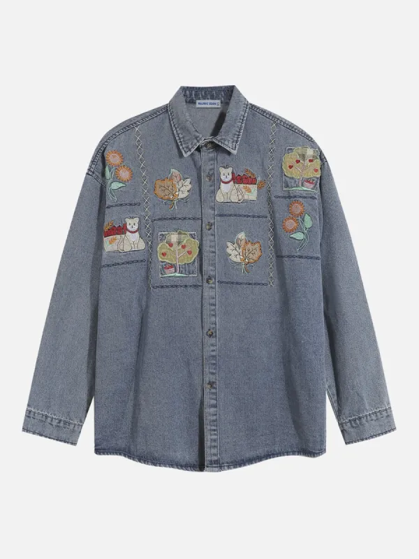 Aelfric Eden Cartoon Embroidery Denim Long Sleeve Shirt sold by Aelfric Eden