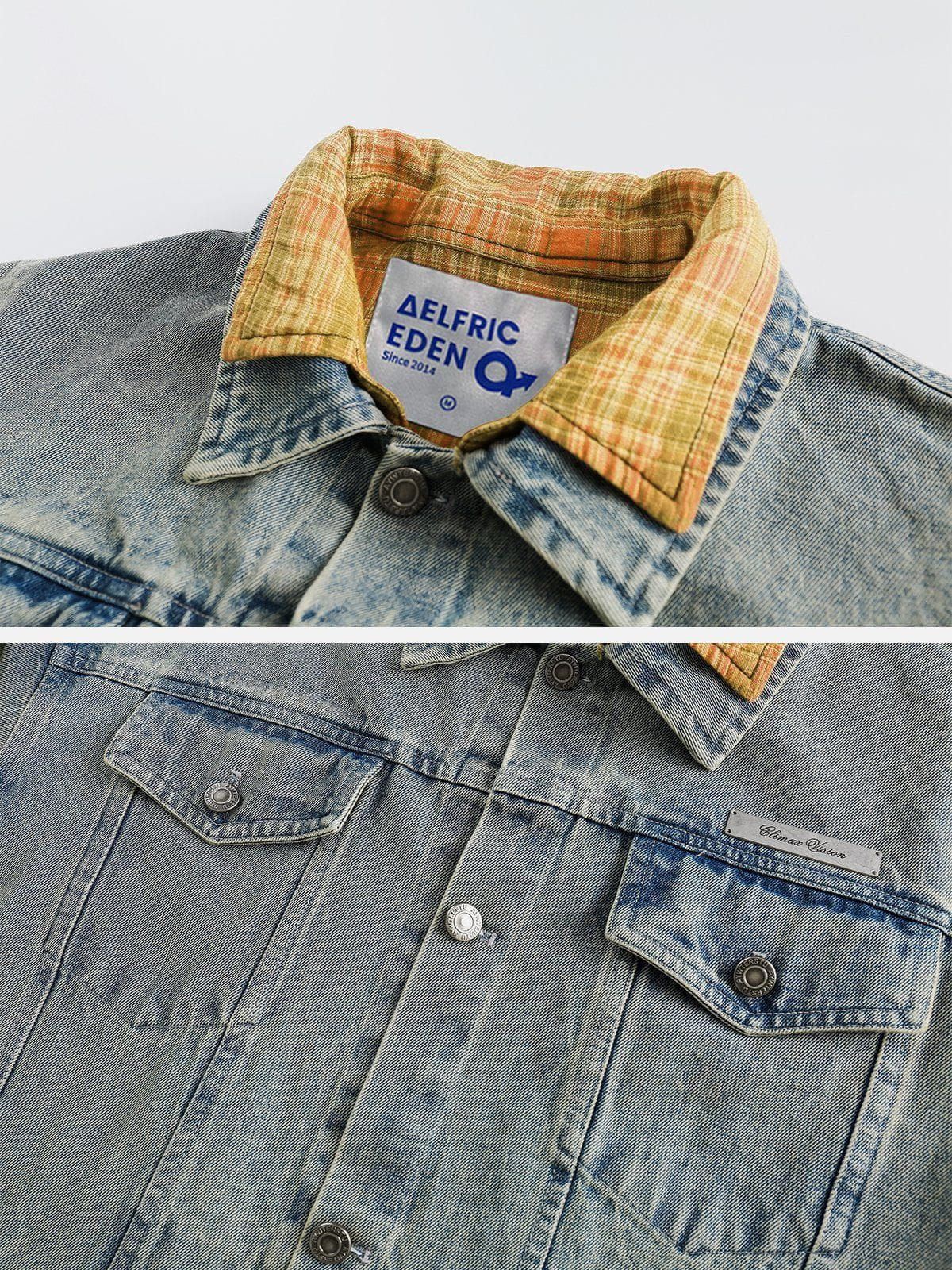 Aelfric Eden Patchwork Plaid Collar Denim Jacket sold by Aelfric Eden product image thumbnail 4