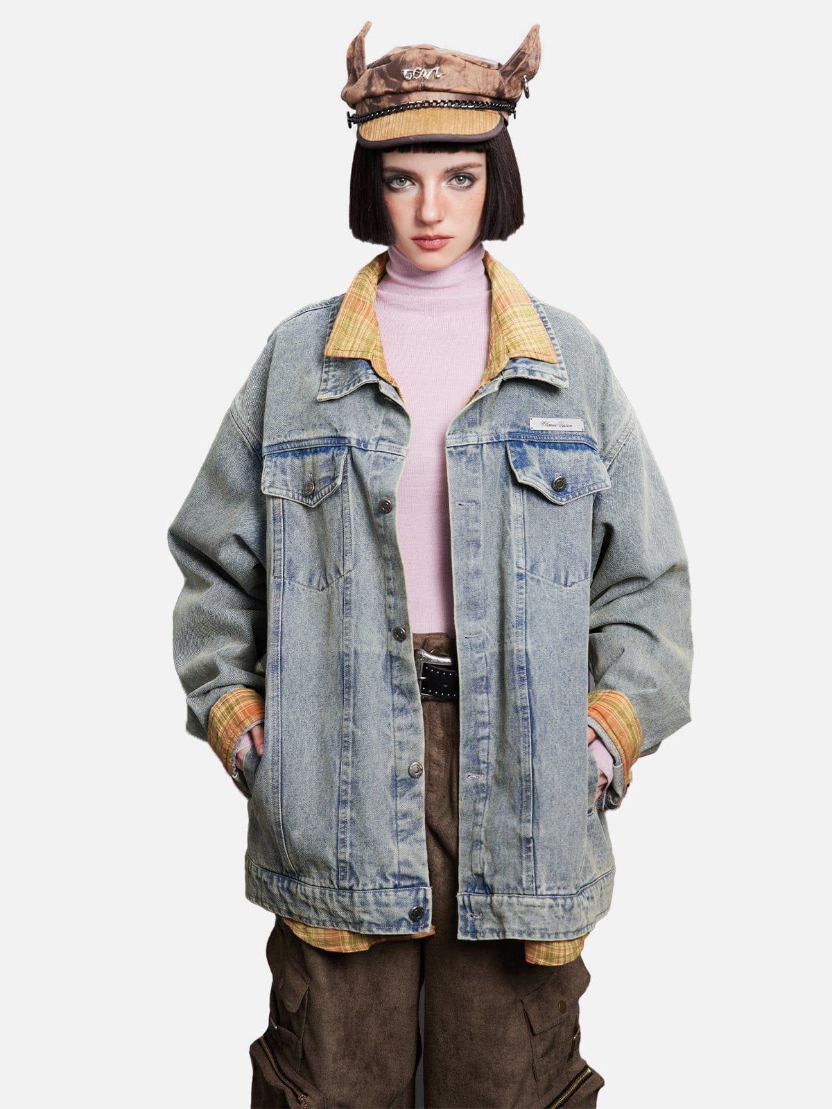 Aelfric Eden Patchwork Plaid Collar Denim Jacket sold by Aelfric Eden product image thumbnail 2