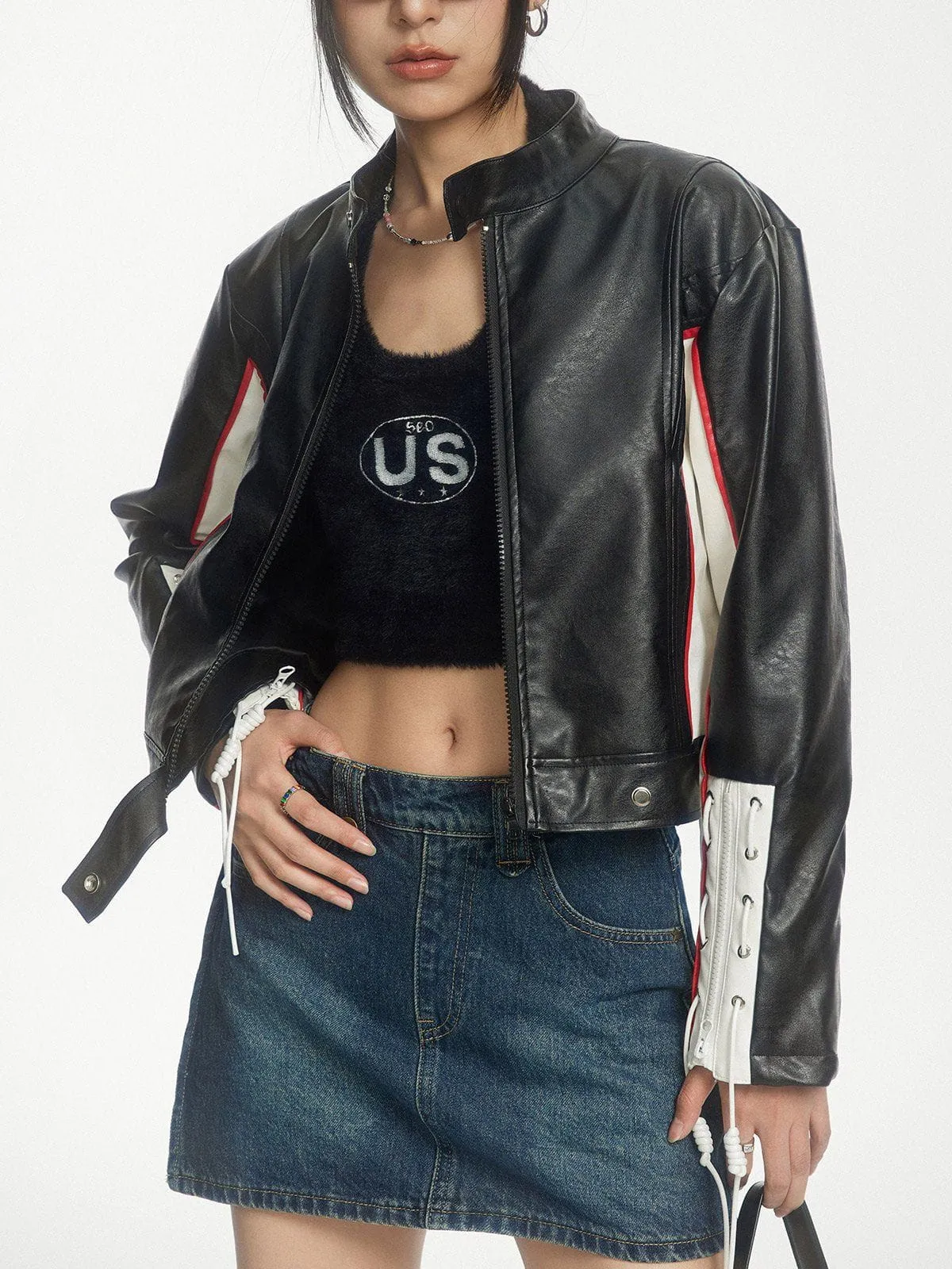 Aelfric Eden Color Blocking Patchwork Faux Leather Jacket sold by Aelfric Eden product image thumbnail 2