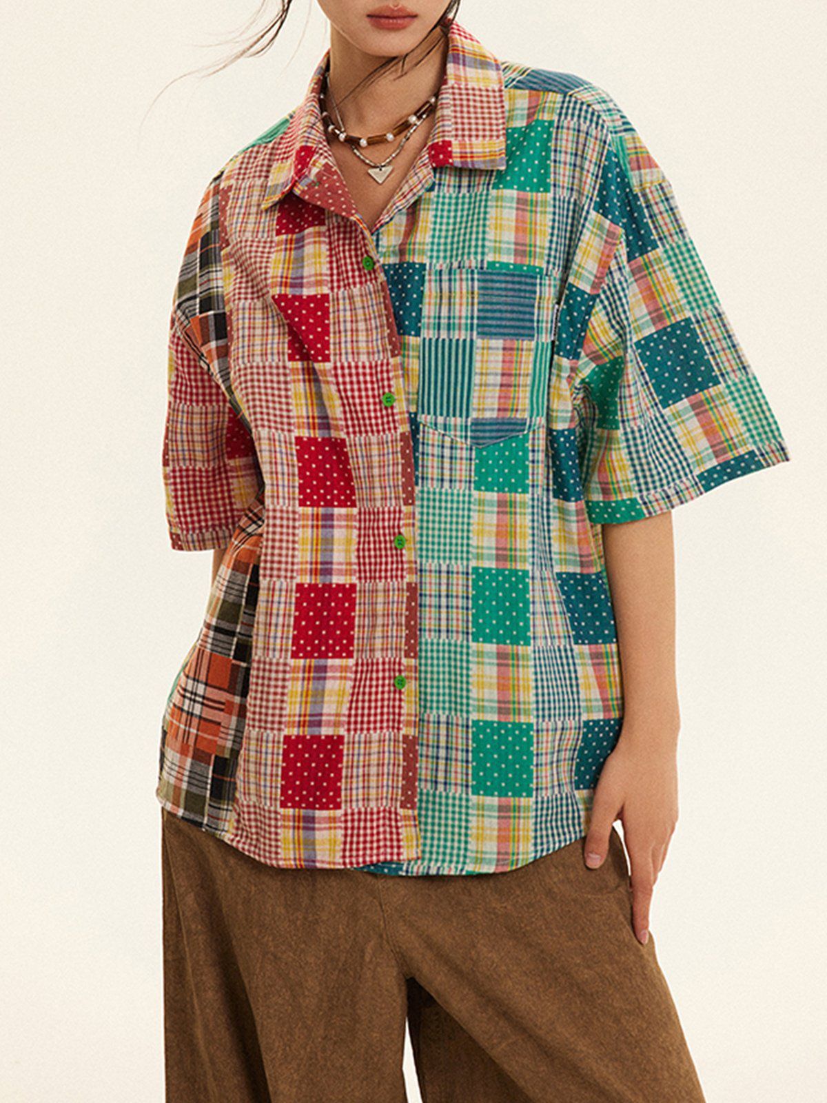 Colorblock Striped Plaid Short Sleeve Shirts sold by Aelfric Eden product image thumbnail 2