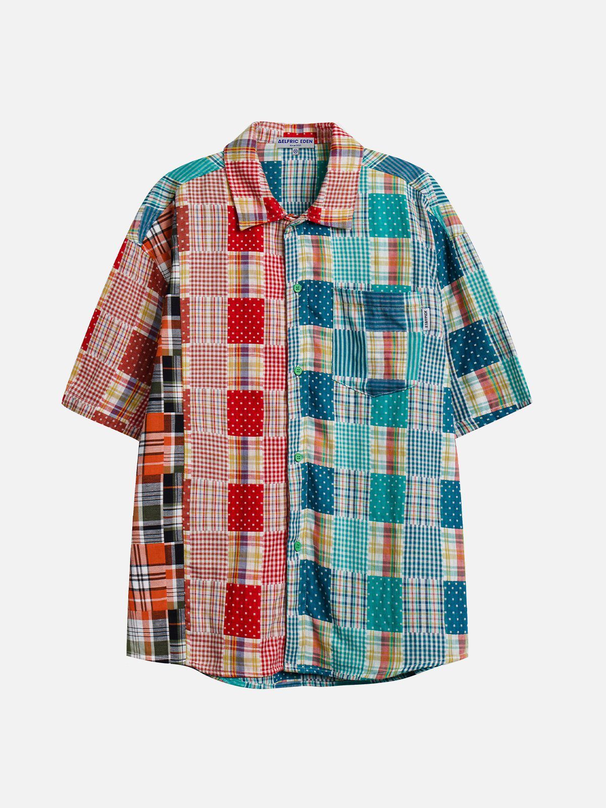Colorblock Striped Plaid Short Sleeve Shirts sold by Aelfric Eden