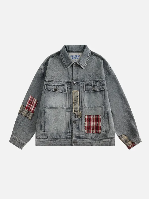 Aelfric Eden Plaid Patchwork Washed Denim Jacket sold by Aelfric Eden