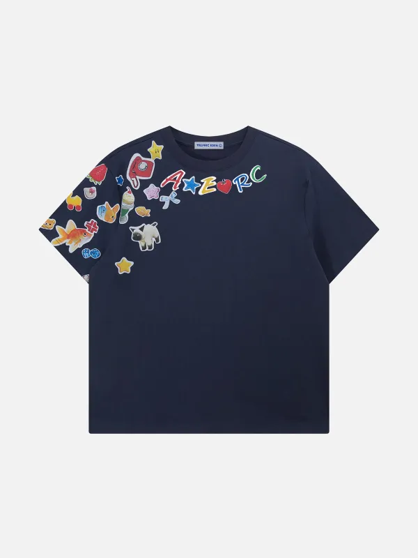 【AELFRIC EDEN】猫伸びプリント☆Tシャツ 猫プリントTシャツ [白猫の行進] / ブラック -Philosophii &lt