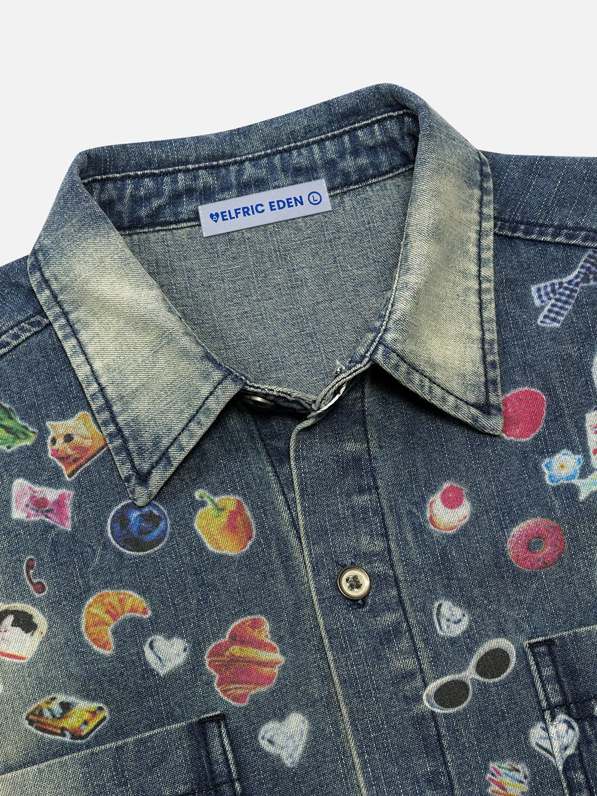 Aelfric Eden Sticker Print Denim Short Sleeve Shirt sold by Aelfric Eden product image thumbnail 4