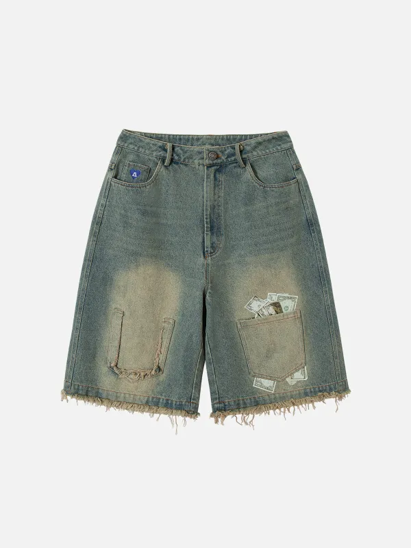 Aelfric Eden Fake Money Graphic Pocket Fringe Jorts sold by Aelfric Eden