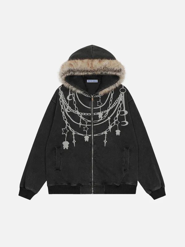 Aelfric Eden Chain Print Faux Fur Collar Zip Up Hoodie sold by Aelfric Eden