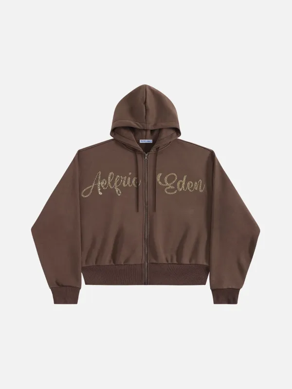 Aelfric Eden Boxy Rhinestone Script Zip Up Hoodie sold by Aelfric Eden