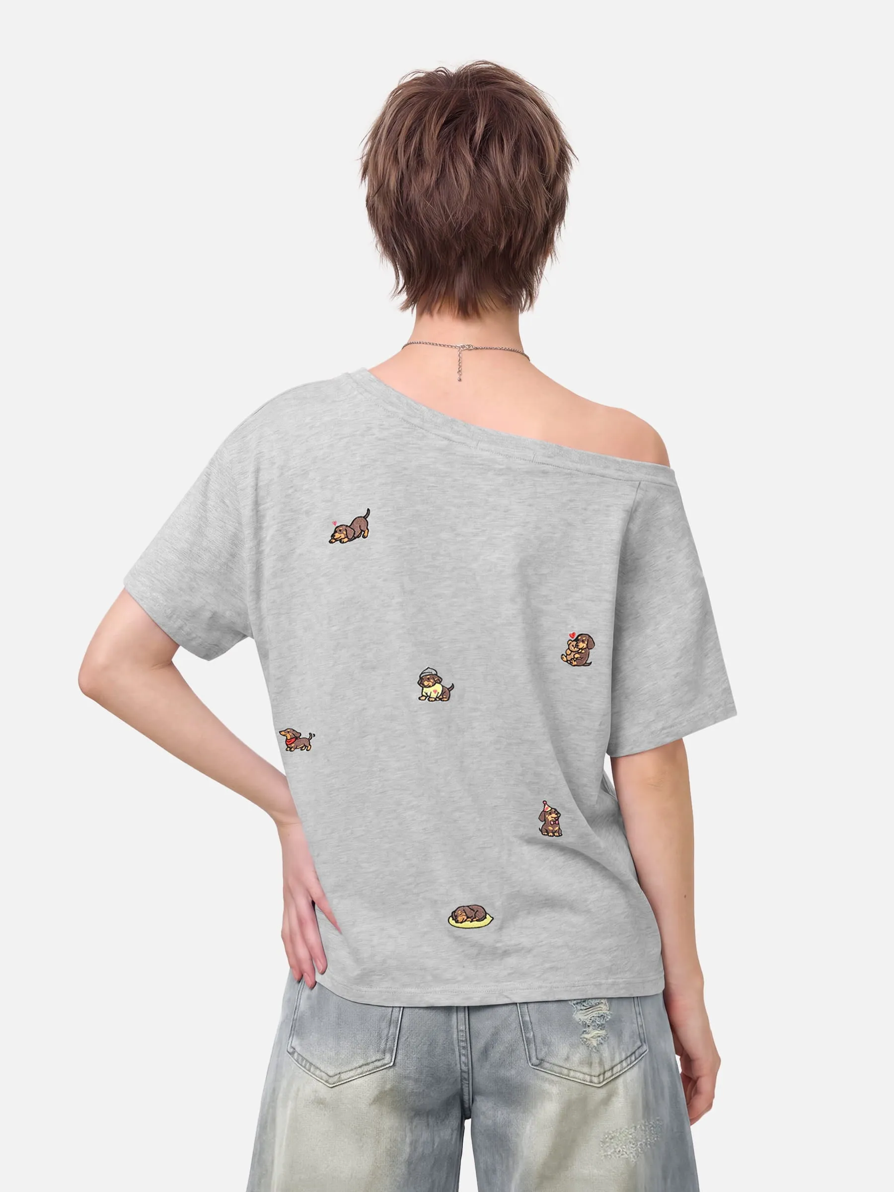 Aelfric Eden Dachshund Embroidery Off-The-Shoulder Tee sold by Aelfric Eden product image thumbnail 3