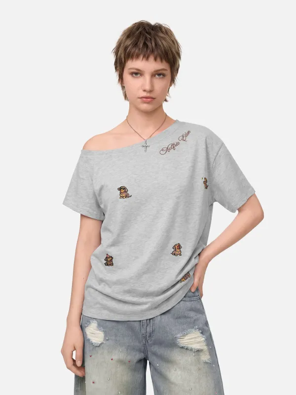[Pre-Order] Aelfric Eden Dachshund Embroidery Off-The-Shoulder Tee made by Aelfric Eden