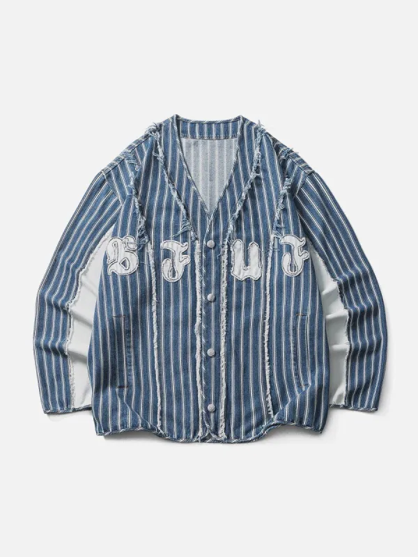 Aelfric Eden Stripes Patchwork Baseball Denim Jacket sold by Aelfric Eden