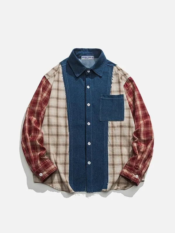 Aelfric Eden Plaid Denim Patchwork Long Sleeve Shirts sold by Aelfric Eden